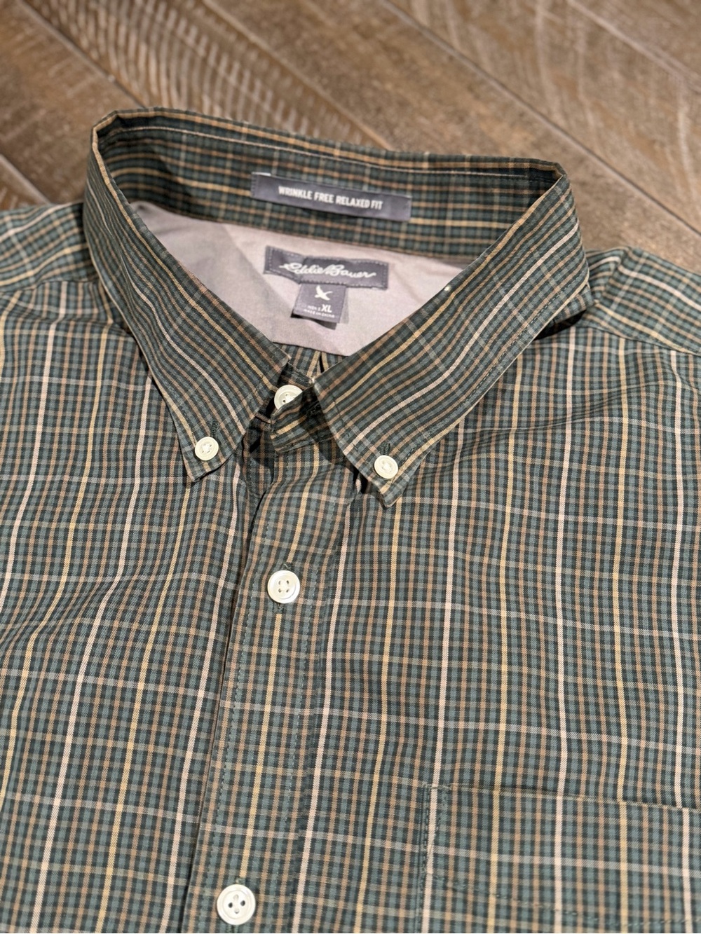 Eddie Bauer Button-Down Plaid Shirt in Green and Tan